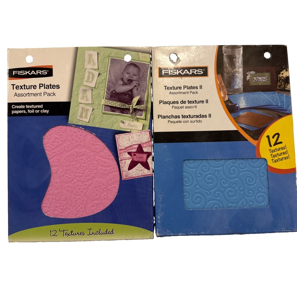 Fiskars Texture Plates and Texture Plates II Lot 24 textures Paper Foil or Clay